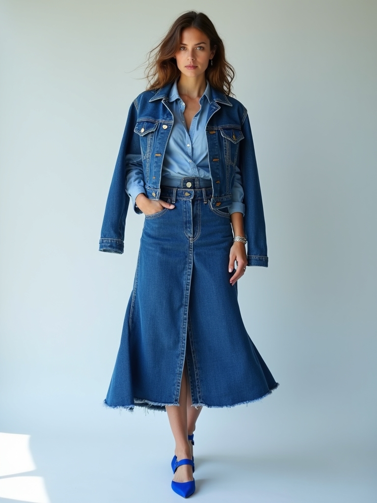 all blue denim skirt looks