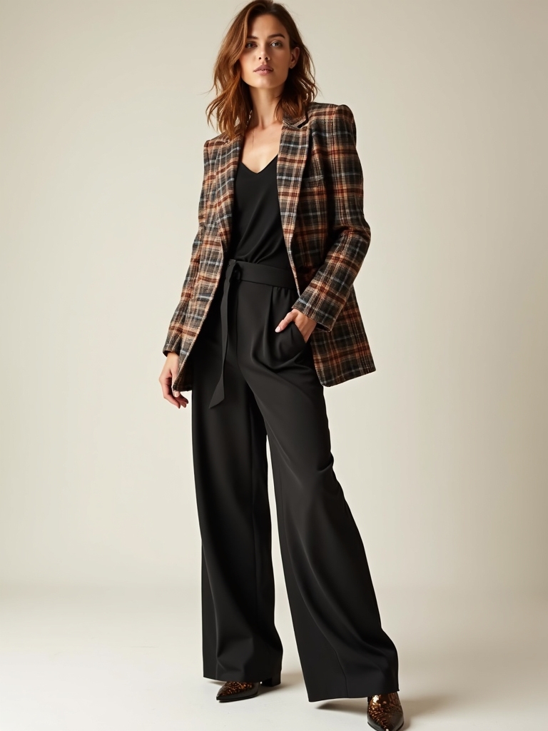 plaid blazer wide leg trousers
